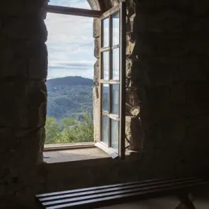 Georgia, Kutaisi. A window looking out into Kutaisi from inside the Gelati Monastery