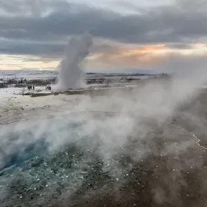 The geothermal area Haukadalur part of the touristic route Golden Circle during winter