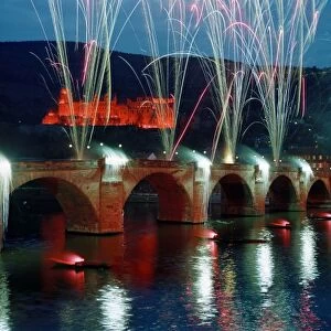 Germany, Bavaria, Heidelberg. Fireworks help commemorate the Burning of the Schloss in Heidelberg