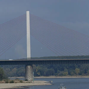 Germany, Bonn. Rhine River views of the Bonn Bridge at mile marker 654