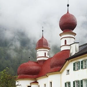Germany, Lake Konigssee. St. Bartholomews Church in Berchtesgaden National Park