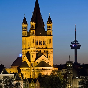 GERMANY, Nordrhein-Westfalen, Cologne. Gross St. Martin church and TV tower, dusk