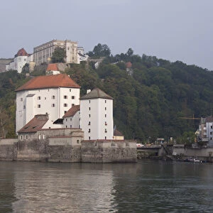 Germany, Passau. Confluence of Danube & Ilz rivers in front of the historic Veste