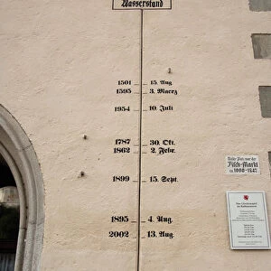 Germany, Passau. High water flood marker on the side wall of the Old Town Hall tower