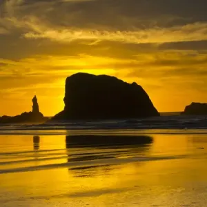 golden sunset; sea stacks; Bandon, Oregon; USA