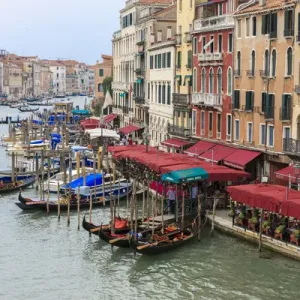 Grand Canal Restaurants and Gondolas. Venice. Italy