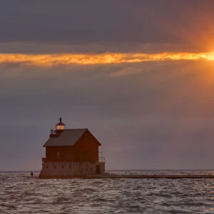 Grand Haven Lighthouse and pier at sunset, Grand Haven, Michigan