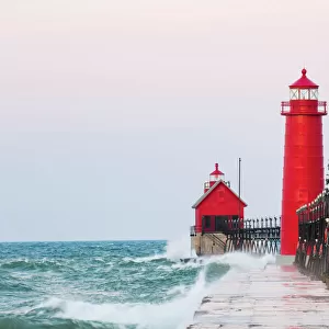 Grand Haven South Pier Lighthouse at sunrise on Lake Michigan, Ottawa County, Grand Haven