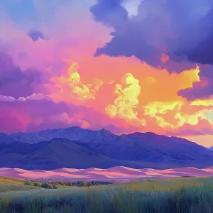 Great Sand Dunes with dramatic sunset. Painting style. (AI Generated) Great Sand Dunes with dramatic sunset. Painting style. (AI Generated)
