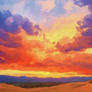 Great Sand Dunes with dramatic sunset. Painting style. (AI Generated) Great Sand Dunes with dramatic sunset. Painting style. (AI Generated)