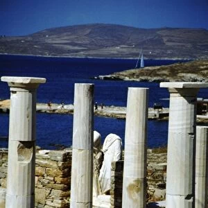 Greece, Aegean Sea, Delos. Sacred Harbor area with column ruins