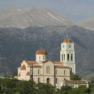 GREECE-CRETE-Hania Province-Kalamitsi Amigdalou: Town Church with Lefka Ori Mountains