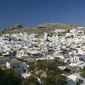 GREECE, Dodecanese Islands, RHODES, Lindos: Town View as seen from the Acropolis