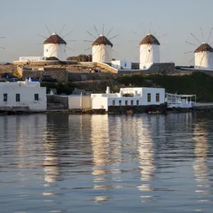Greece, Mykonos, Sindmills and Their Reflection in the Water Greece, Mykonos, Sindmills and Their Reflection in the Water