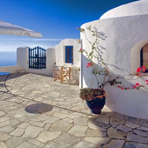 Greece, Santorini, Oia. House balcony with ocean view