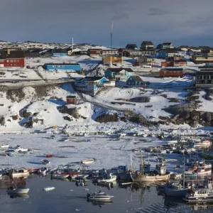 Greenland, Disko Bay, Ilulissat, town harbor, elevated view Greenland, Disko Bay, Ilulissat, town harbor, elevated view