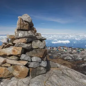 Greenland, Disko Bay, Ilulissat, rock cairn Greenland, Disko Bay, Ilulissat, rock cairn