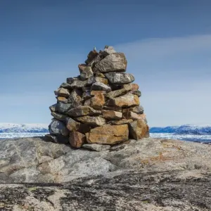 Greenland, Disko Bay, Ilulissat, rock cairn Greenland, Disko Bay, Ilulissat, rock cairn