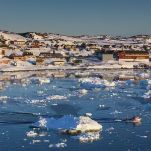 Greenland, Disko Bay, Ilulissat, town view, sunset Greenland, Disko Bay, Ilulissat, town view, sunset