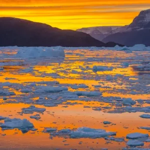 Greenland. Scoresby Sund. Gasefjord. Sunset with icebergs and brash ice Greenland. Scoresby Sund. Gasefjord. Sunset with icebergs and brash ice