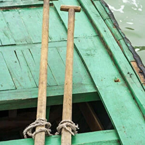 Ha Long Bay, Vietnam (UNESCO World Heritage Site). Close-up of oars on a green boat