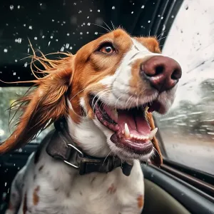 Happy dog riding in a car in the rain. (AI Generated) Happy dog riding in a car in the rain. (AI Generated)