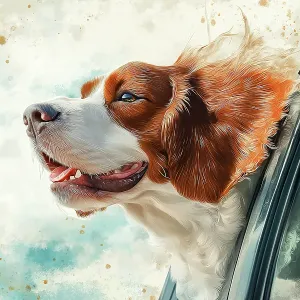 Happy dog riding with head out car window. (AI Generated) Happy dog riding with head out car window. (AI Generated)