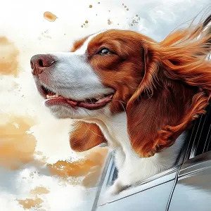 Happy dog riding with head out car window. (AI Generated) Happy dog riding with head out car window. (AI Generated)