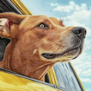 Happy dog riding with head out car window. (AI Generated) Happy dog riding with head out car window. (AI Generated)