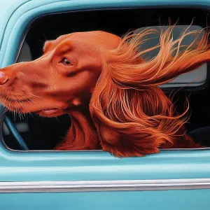 Happy Irish setter dog with head out car window. Illustration style. (AI Generated) Happy Irish setter dog with head out car window. Illustration style. (AI Generated)