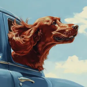 Happy Irish setter dog with head out car window. Painting style. (AI Generated) Happy Irish setter dog with head out car window. Painting style. (AI Generated)