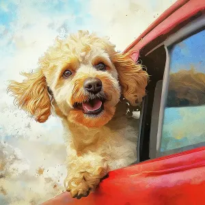 Happy small dog riding with head out car window. (AI Generated) Happy small dog riding with head out car window. (AI Generated)