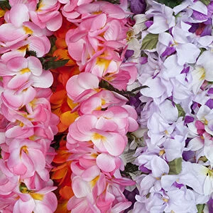 Hawaiian flower garlands display at market place