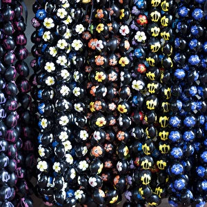 Hawaiian lei or necklaces display at market place