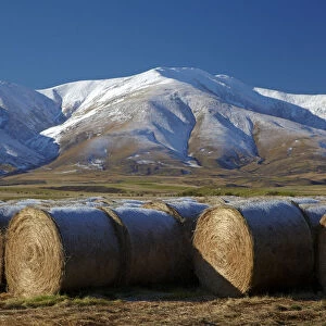 Hay bales and Kakanui Mountains, Kyeburn, near Ranfurly, Maniototo, Central Otago