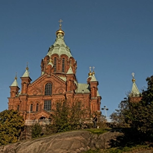 Helsinki, Finland. Red brick and stone of Uspensk Russian Orthodox Cathedral