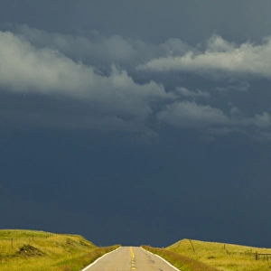 Highway 89 during severe thunderstorm near Browning, Montana, USA