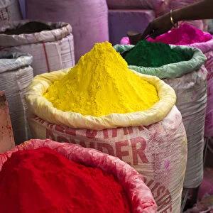 Holi powder paint for sale, the festival of colors, Varanasi, Uttar Pradesh, India