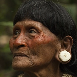 Huaorani Indian woman, Dabe Baiwa, with achiote face paint. Gabaro Community. Yasuni National Park