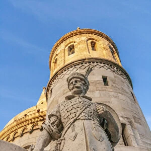 Hungary, Budapest. Fishermans Bastion and statue of Janos Hunyadi