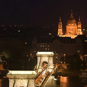 HUNGARY-Budapest: Szechenyi (Chain) Bridge & St. Stephens Basilica from Castle
