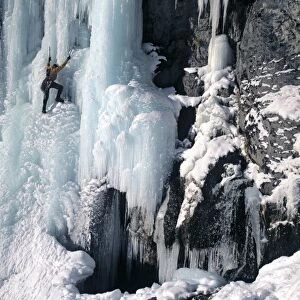 Ice climbing Stewart Falls (WI5), Wasatch Mountains near Provo, Utah. (MR)