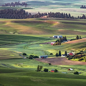 Idyllic farm homestead from elevated view from Steptoe Butte State Park