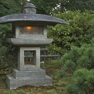 Illuminated stone lantern in Portland Japanese Garden