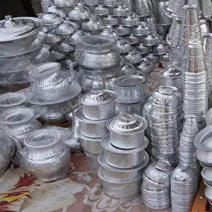 India, Delhi, Old Delhi. Aluminum vendor, detail of goods for sale