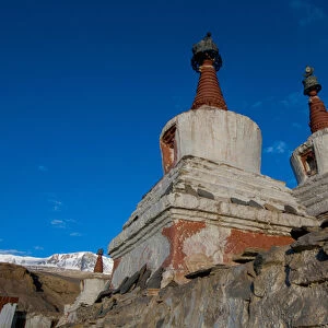 India, Jammu & Kashmir, Ladakh, decorated chortons with red spires at Kurzok village