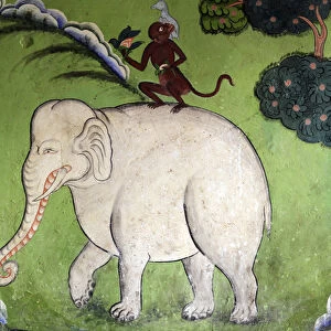 India, Ladakh, Likir, wall painting with elephant, rabbit and monkey
