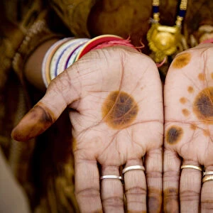India, Rajasthan. Womans hands with henna coloring