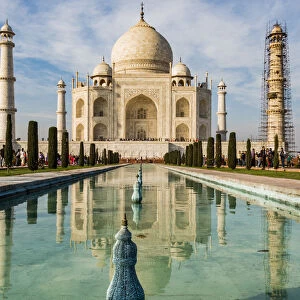 India, Uttar Pradesh. Agra. No Water No Life expedition, Taj Mahal tomb and minarets