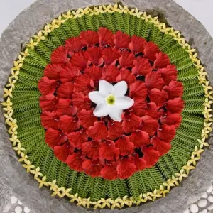Indonesia, Bali. Close-up of a Balinese floral offering to various deities. Credit as